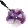 ペンダントネックレスTumbeelluwa Healing Natural Crystal Stone Hand Careved Flower Stereo Shapeブラックロープチェーンネックレス女性のためのジュエリー