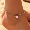 Tornozeleiras 1pc Rhinestone Tennis Chain Butterfly Pingente Anklet Bracelet Boho Pé de cristal brilhante para Mulheres Girls Beach Party Party