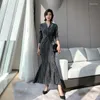 Casual Dresses Office Bandage Vintage Sexy Party Dress Wrap Spring V Neck Bright Silk Draped Long Sleeve Women Knitting Vestidos