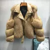 Frauen Pelz Top Mode Luxus FAUX Mantel Motorrad PU Leder Drehen Unten Kragen Warme Jacke Frauen 2022 Winter