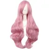 Charmante femme cheveux longs anime cos mode moelleux grande vague cheveux bouclés rose frange oblique haute température perruque en soie