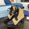 2022 Designer Plaque Boots Lace Up Platform enkel Boot High Heel Winter Boot Women Nylon Black Leather Combat Boots 75cm 95cm WI9339176