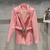 Trajes de mujer PREPOMP 2022 otoño cuello en V lazo de Metal cinturón de Pu Rosa Slim Chaqueta larga abrigo de mujer GG621