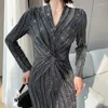 Casual Dresses Office Bandage Vintage Sexy Party Dress Wrap Spring V Neck Bright Silk Draped Long Sleeve Women Knitting Vestidos