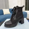 Designer kvinnor plack stövlar snörning upp fotled kvinnor svart läder combat boot high heel mode damer vinter boot skor eu35-41 med lådpåse nr256