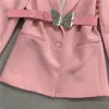 Kombinezony damskie PREPOP 2022 Autumn V Neck Metal Bow Pu Put Róż Slim Long Blazer Coat GG621