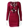 Casual Dresses Bow bundna Ruched Wrap Long Sleeve Vestidos Födelsedag Sexiga kläder för kvinna Hålig ut korsettklänning PLECTED BODYCON