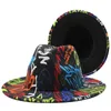 Berets Tie-Dye Patchwork Fedora Hoeden voor vrouwen kleurrijke graffiti brede zuige panama tophoed heren kunstmatige wol Britse stijl jazz caps