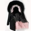 Women's Trench Coats 2022 Fashion Women Khaki Parka Winter Jacket Real Natural Fur Coat Sliver Hooded Liner Gradient Outwear