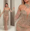 Luxurious Champagne Mermaid Prom Stones Tassles Long Sleeves Party Dresses Sequins Custom Made Evening Dress