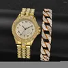 Wristwatches Gold Luxury 2PCS/Set Female 2022 Rhinestone Watches Women Crystal Quartz Bracelet Dress Wristwatch Clock Relogios