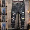 Erkekler Kot erkek damlası bisikletçisi sıkıntılı streç yırtılmış erkekler hip hop ince fit delikleri punk denim pamuk pantolon1