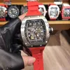 Lüks İzle Richaremill Karbon Safir Tekstil Kauçuk Tourbillon Y Mens şarap fabrikası RM030 Serisi 2824 Otomatik Mekanik Beyaz Çelik Bant Erkekler 9gnu