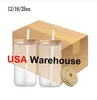 US Warehouse 16 oz tasse droite blanc sublimation givré clair gobelets en verre de café transparent avec couvercle en bambou et paille 2023