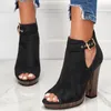 Sandali Scarpe da donna Tacchi 2022 Europa Taglia grande One Word Buckle Suede Peep Toe High Thick Bottom Donna casual