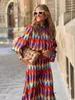 Casual Dresses Bohemia Plaid Print Lantern Sleeve Maxi Dress For Women Stand Neck Loose Summer Holiday Party 2022
