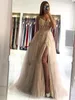 Champagne Gray Tulle Prom -klänningar med sexiga spaghettiband applikationer illusion topppärlor en linje aftonkändis klänningar bc5488