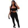 Tweedelige broek voor dames 2022 Zomer Solid Tracksuit Women Casual Pant Set Schouder Backless Crop Top Ruched Bodycon Trouser Matching