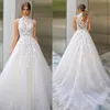 Boho High Neck Tulle Wedding Dress Elegant Lace Appliques A Line Illusion Back Beach Bride Gown