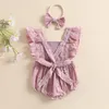 Rompers Baby Girls Summer med pannband Vanliga flyghylsor Lace Square Neck Tinding Spädbarn Snap Triangle Backless Jumpsuit 221018