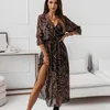 Casual Dresses Women Floral Print Long Dress Retro Sexy Boho Deep V-neck Half Sleeve Ladies Side Splits Big Hem Maxi Femme Robe