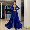 Cetim moderno azul real vestidos de festa de baile sheer frisado pescoço mangas compridas plus size fornt split formal noite ocn vestidos para mulheres africanas robe de soiree