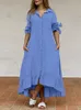 Casual Dresses VONDA Autumn Women Party Maxi Dress 2022 Solid 3/4 Sleeve Long Asymmetrical Ruffled Vestido Beach Sundress