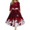 Casual Dresses Fashion Christmas Dress 3/4 ￤rmar Skin-touching Snowflake Print a-line kl￤nning Stretchy Xmas f￶r festival