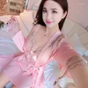 Women's Sleepwear Women Robe Sets Silk Pajamas Nightgowns Fashion Lace Sexy Lady V-Neck Strap Dress And Bathrobe Two Piece Set