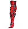 Folds Shoes Women Pleated Boots Over The Knee Boots Womens High Heels Sexy Winter Plaid Red Yellow Limited Edition