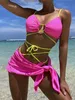 Sexig thong bandage 3 -bit bikini set 2023 kvinnor neon solid ihålig ut mikro baddräkt sommar baddräkt mesh kjol badkläder