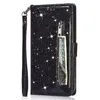 Blixtlåsfodral för iPhone 15 14 13 12 11 mini plus max x xr xs 8 7 plånbok läder glitter fodral lyxkristall bling kortplatser