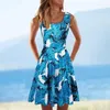 Casual Dresses Tropical Leaves Print Woman Dress Ladies Summer ärmlös U-ringning A-Line Bohemian Short Printed Loose Sundress