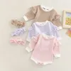 Rompers Autumn 2PCS Baby Girl Fall Strój Patch Patchwork Ruffle Romper Hairband dla niemowląt 0-18 miesięcy 221018