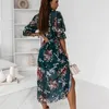 Vestidos casuais femininos estampa floral vestido longo retrô sexy boho decote em v meia manga senhoras fendas laterais bainha grande maxi robe feminino