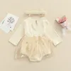 Rompers 0-18m Babymeisjes 2 stks Fall Outfits Rib gebreide Romper Romper Floral Tutu Dress Hoofdband Set 221018