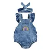 Mamelucos 0-18M Rainbow Impreso Baby Girls Boys Denim Ruffles Manga corta Monos Monos Diadema 221018