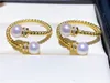 22100504 Diaomondbox Jewelry Ring 5.5-6mm Aka Pearl Yellow Gold Plated Sterling Sier Adjustable Double Balls Curve Open Rhinestone Zircronia Girl