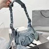 Metallische Hobo-Tasche, Denim-Umhängetasche für Motorräder, coole Mädchen-Handtaschen, Diamant-Verschluss, Umhängetaschen, blaue Nieten-Geldbörse, echtes Leder, Spiegel-Kartenetui