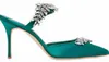 Bombas de luxo por atacado Sandals Sapatos Mulheres saltos altos Saltos de folhas Cristal com células de cetim MULES SEXY BOMPAS DE TOE PONTOS DE TOE EU35-42