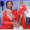 Red Evening Dresses With White Appliques Beads High Collar Long Sleeve Vintage Party Occasion Dress For African Nigeria Girls Prom Celebrity Gowns Sexy High Split