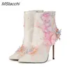 Boots Embroidery Flower Women Ankle Punch Shoe Stiletto High Heel Wedding Shoes Quality Handmade Pearl Botas Femininas 220901