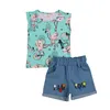 Ensembles de vêtements infantile enfants bébé fille hauts shorts costume flamant rose imprimé dessin animé sans manches gilet Denim bouclé bord pantalon ample 1-5T