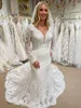2023 Vintage Meerjungfrau Brautkleider Afrikanischer V-Ausschnitt Illusion Spitze Applikation Lange Ärmel Brautkleider Brautkleider Plus Size Sheer Button Back
