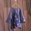 Blouses feminina Mulheres estilo chinês Impresso floral ramie 2022 Verão Vintage Meia manga Tops camisas femininas dianteiro e traseiro desgaste duplo