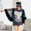 Women's T Shirts Mesh Sleeve Glitter Cartoon Tops For Women Casual Loose Tees Round Neck Petal Blouse