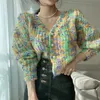 Kvinnors tröjor Sweet V Neck Chic Pearl Button långärmad godis färg cardigans koreanska kläder beskurna cardigan för kvinnliga kappa 221018