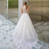 Boho High Neck Tulle Wedding Dress Elegant Lace Appliques A Line Illusion Back Beach Bride Gown