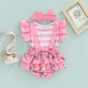 Rompers Infant Girl 2PCS衣装プリーツフライスリーブ漫画プリントパッチワークストライプロンパーボウヘッドバンドベビー服221018