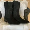 Boots Western Cowboy for Women Ponto de Toe Sapatos femininos em relevo camur￧a Mid-Calf Chunkys Heel 221017